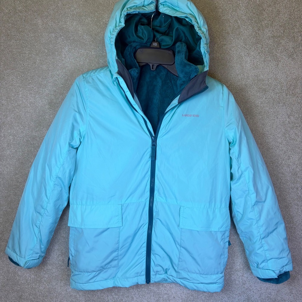 Lands End 3 in 1 Jacket Girls Large 10-12 Light Blue Hooded Fleece Lined NWOT